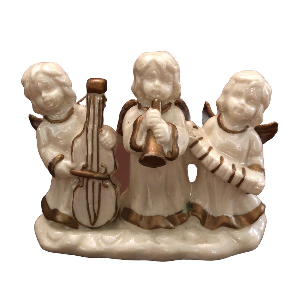 3  Vintage White‎ Ceramic Christmas Angel Figurines Gold Accents Instruments